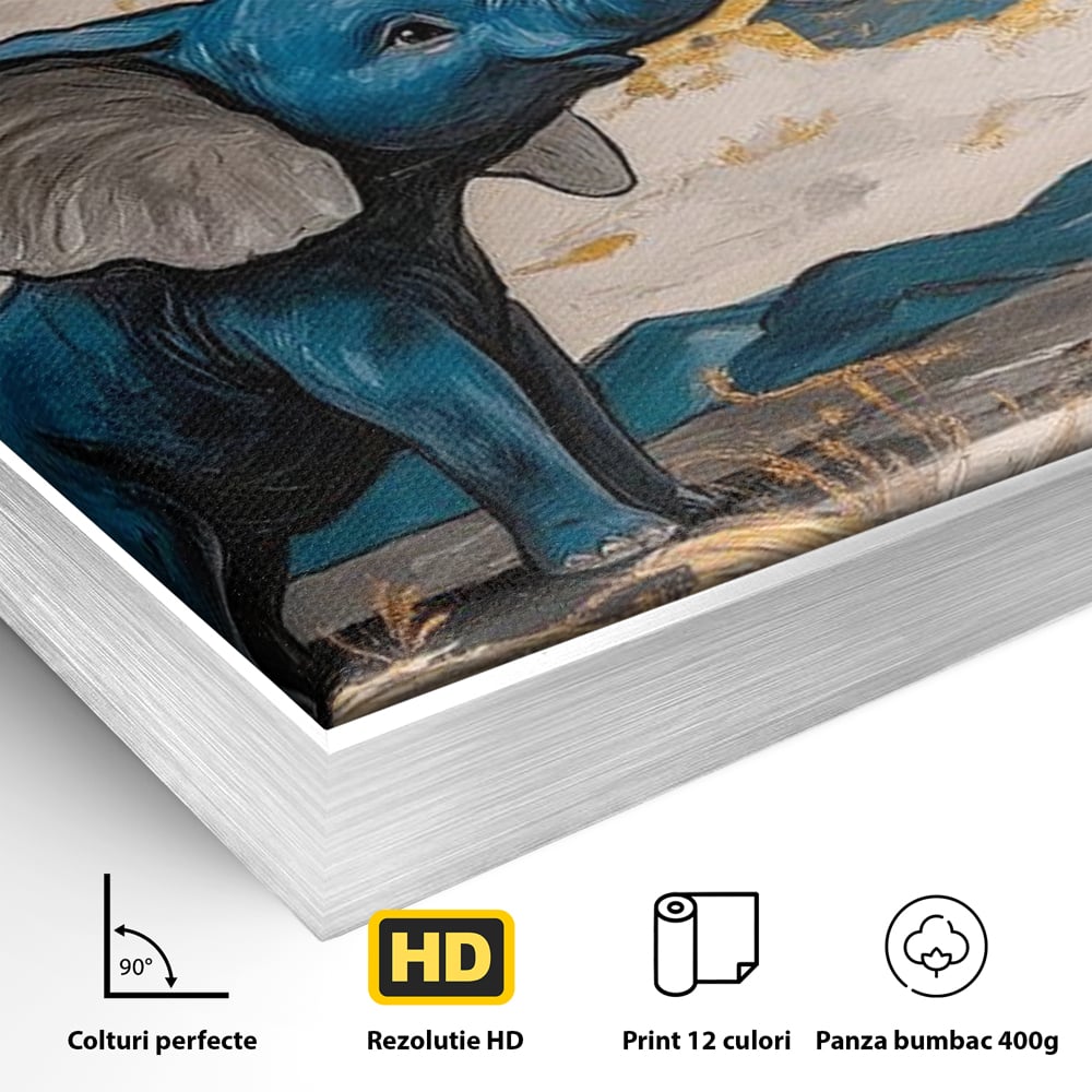 Detaliu al suprafetei: tablou canvas cu elefant albastru, in rama de aluminiu argintiu